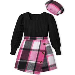 AGAPENG Girl Skirt Sets 3 Piece Outfits Square Neck Jacquard Puff Sleeve Tops Plaid Mini Skirt Shorts Fall Winter Clothes (11-12 Years, Black + Hot Pink Plaid)