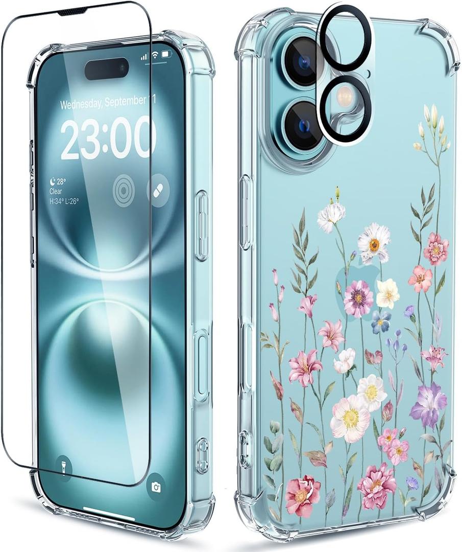 for iPhone 16 Case,[3 in 1] with Screen Protector & Camera Lens Protector, Flower Pattern Design,Clear Soft Shockproof Slim Floral Phone Cover for Women Girls 2024 6.1"(Blooming Flowerets)