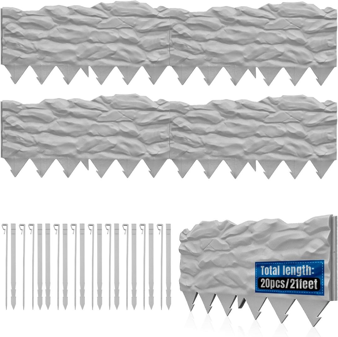 20Pcs Garden Edging Border, 21Ft Marbled Design Garden Landscape Edging Borders with 20 Pcs Stakes, Plastic Garden Fence Lawn Edging Border for Flower Bed, Yard, Patio, and Pathway Landscaping