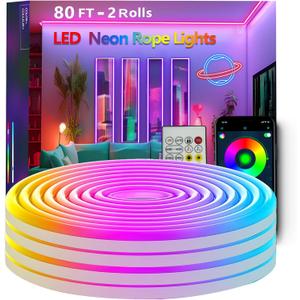 80FT Neon Rope Lights,Flexible Led Rope Light Control with App/Remote,Multiple Modes,Music Sync,IP65 Outdoor RGB Led Strip Lights Waterproof