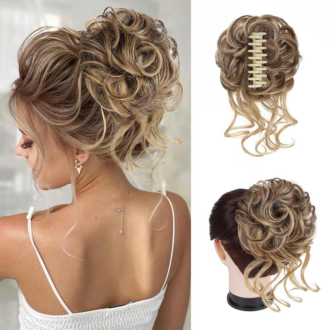 Large Messy Bun Hair Pieces for Women Wavy Curly Fake Hair Bun Extensions Ponytail Hairpieces for Updo Natural Synthetic Claw Clip Bun Hair Accessories Light Brown mix Blonde