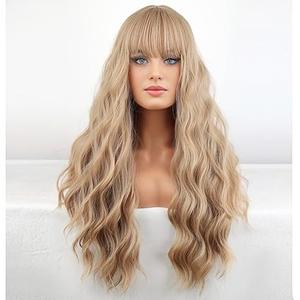 BERON 26 Inches Wig Long Curly Black Mix Red Wig with Bangs for Women Daily Party Hairnet Include (Ash Blonde)