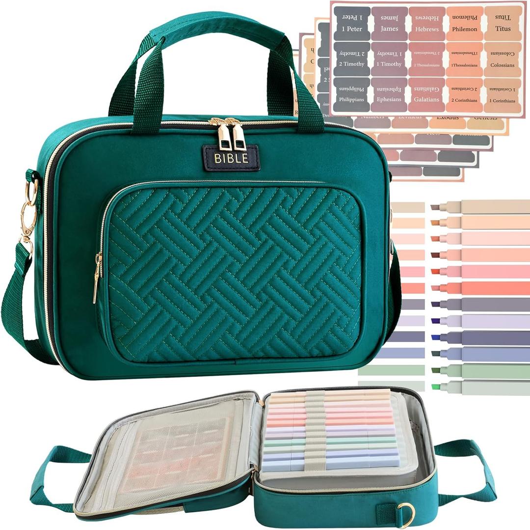 Bible Cover for Women Bible Case, Large Bible Bag, Bible Study Supplies Bible Journaling Kit Book Carrying Case with Bible Highlighters Tabs, Valentines Day Christian Gifts for Women (Green)