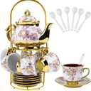 20 Pcs Porcelain Tea Set with Metal Holder, European Ceramic Tea Set for Adults, Adult Tea Set Gift, Flower Tea Cup Saucer Set for Party With Gold Flower Painting (Elegant Purple)