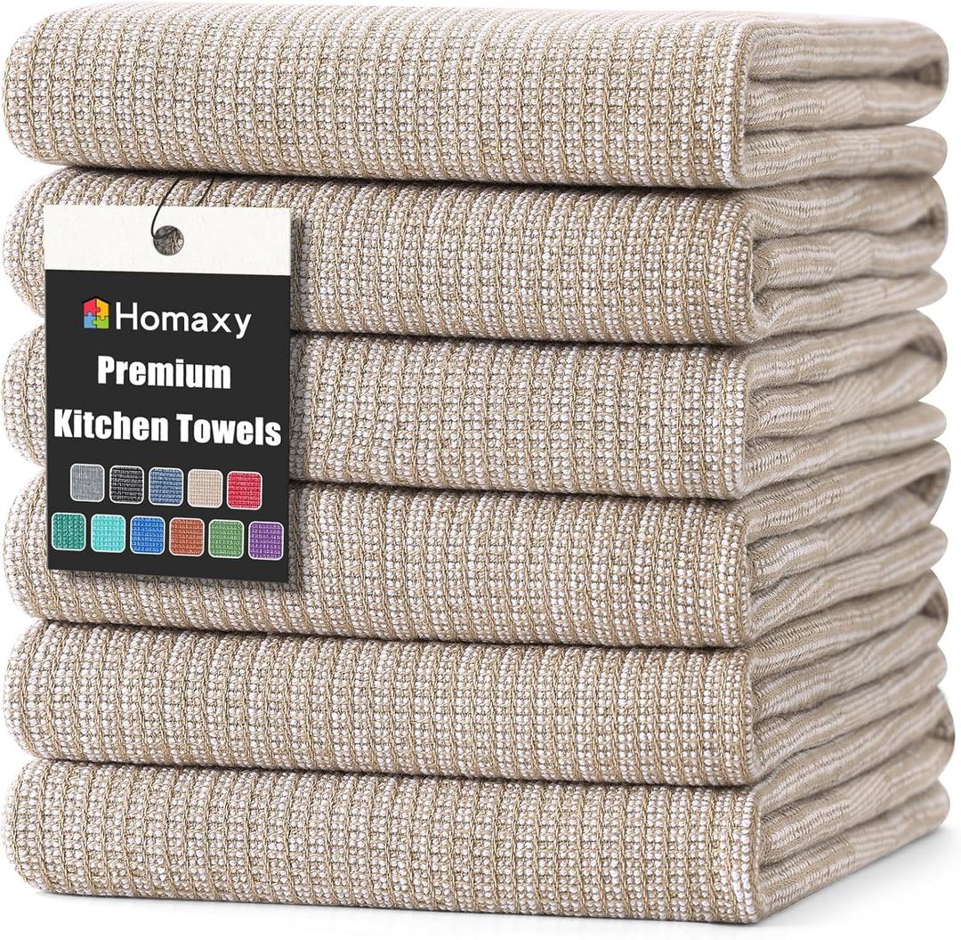 Homaxy Premium Kitchen Towels(18x 28, 6 Pack), Large Cotton Kitchen Hand Towels, Flat and Terry Dish Towels, 380 GSM Highly Absorbent Tea Towel Set with Hanging Loop, Khaki