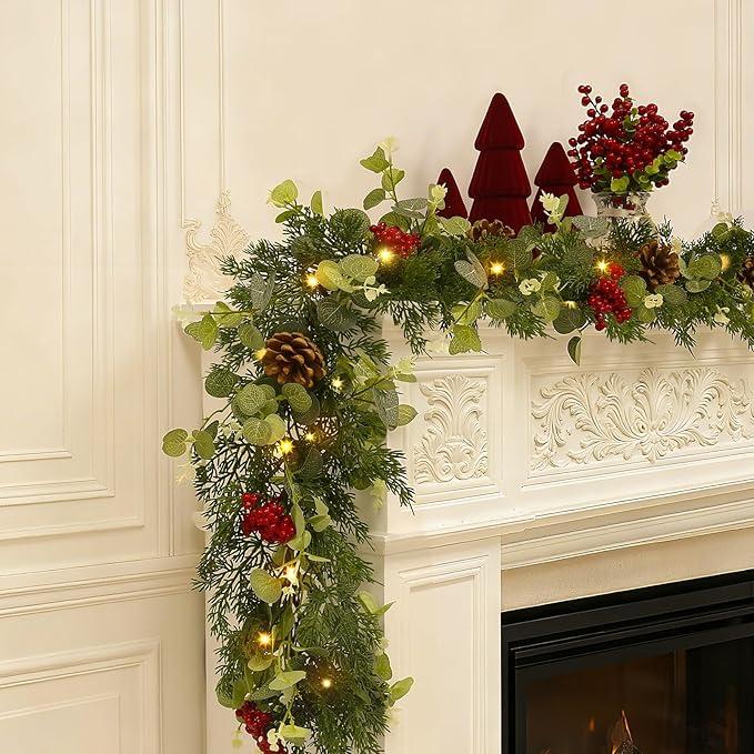 Breeze Touch Christmas Garland with Lights, 6FT Prelit Christmas Greenery Garland Battery Operated Lighted Garland with Eucalyptus Leaves for Mantle, Stairs Railing, Indoor and Outdoor Decoration