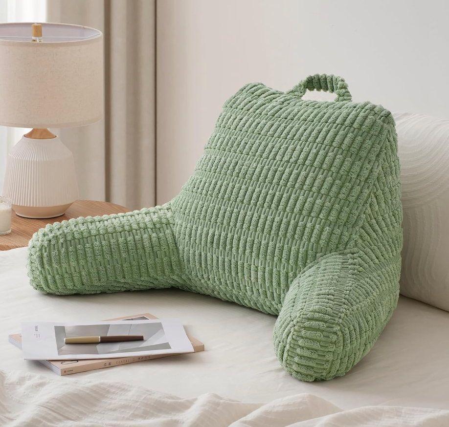 Blissful Diary Reading Pillow, Backrest Pillow with Shredded Memory Foam for Adult & Children, Designed for Bed and Couch Sitting Up, Includes Arms, Pockets and Washable Cover, Sage Green