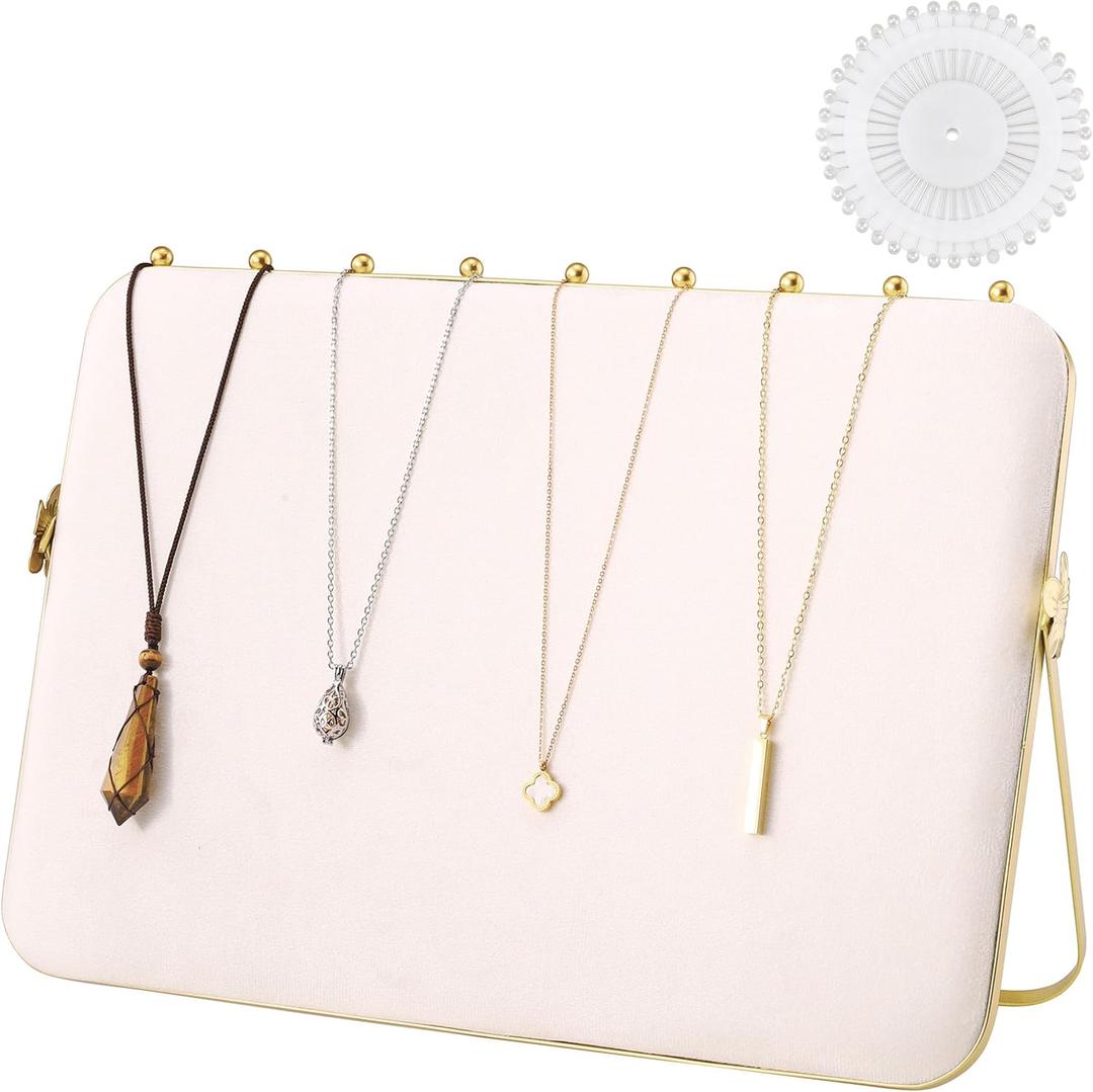 14 x 10 inches Velvet Necklace Display Stands for Selling, Large Metal Necklace Organizer Holder Stand Chain Jewelry Display Stand (Beige, 1 Pack)