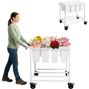 Flower Cart with 8 Buckets,Flower Cart Display Stand with Wheels,Bloom Bar,Flowers Stand for Wedding ,Party and Home Decor (White)
