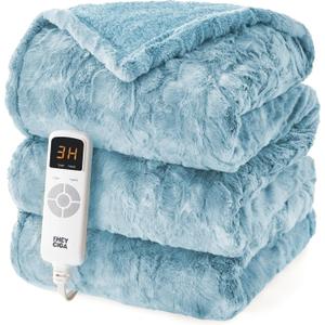 EHEYCIGA Electric Heated Blanket, Full Size Faux Fur & Sherpa, 10 Hour Auto Shut Off, 9 Heating Levels, Soft Warm Blanket, Light Blue
