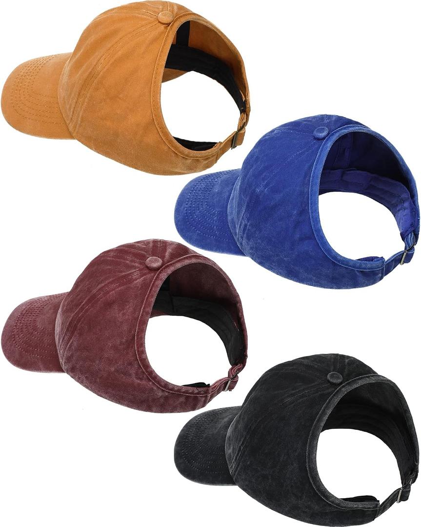 Jiuguva 4 Pack Backless Ponytail Hat for Dreadlocks Women Retro Washed Distressed Baseball Cap Adjustable (S)