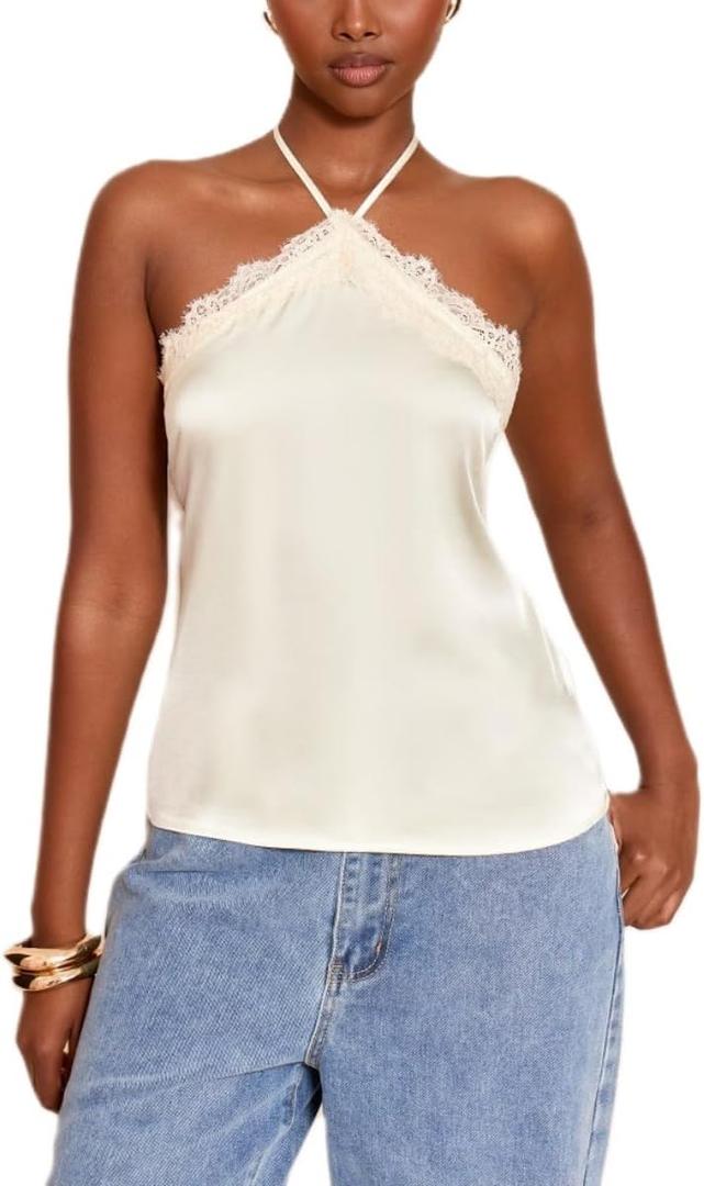Women Satin Lace Cami Top Y2K Silk Sleeveless Halter Tank Top Going Out Backless Crop Tops Beach Streewear (Beige) - Small
