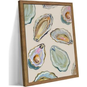 Framed Oyster Shell Canvas Wall Art, Colorful Abstract Wall Art Print, Coastal Beach House Wall Decor, Summer Dining Room Picture Poster, Modern Kitchen Oyster Oil Painting Artwork 12x16 inch