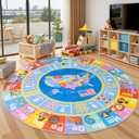 Kids Rugs for Playroom - Soft & Non-Slip 4x4 Feet Round Educational Rug for Learning ABC Alphabet, Numbers, Shapes & Map, Washable Classroom Rug for Toddler Nursery & Kids Room Decor
