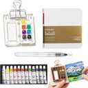 Mini Travel Watercolor Set Pocket Artist Watercolor Travel Set Grid Palette Box Sketch Book Brush Pens With Binder Clips For Painters Artists Students (8 Count (Pack of 1), Acrylic)