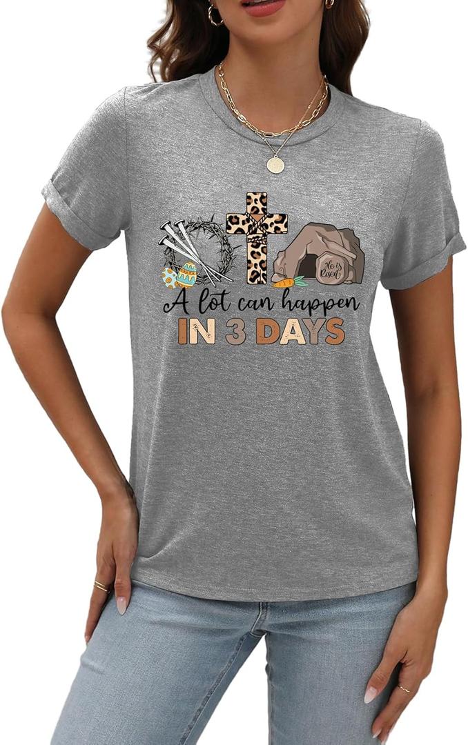 Easter Shirts for Women Christian Sunday Church Tees Funny Religious Faith T-Shirts Cute Bunny Graphic Short Sleeve Tops (XL)