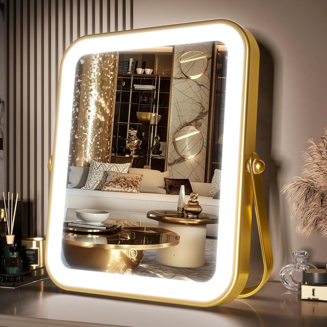 PRIMETEK Vanity Mirror with Lights, 10"x8" LED Lighted Makeup Mirror, Portable Makeup Mirror with Lights, Touch Screen, 3-Color Lighting, for Vanity Desk Tabletop, Bedroom