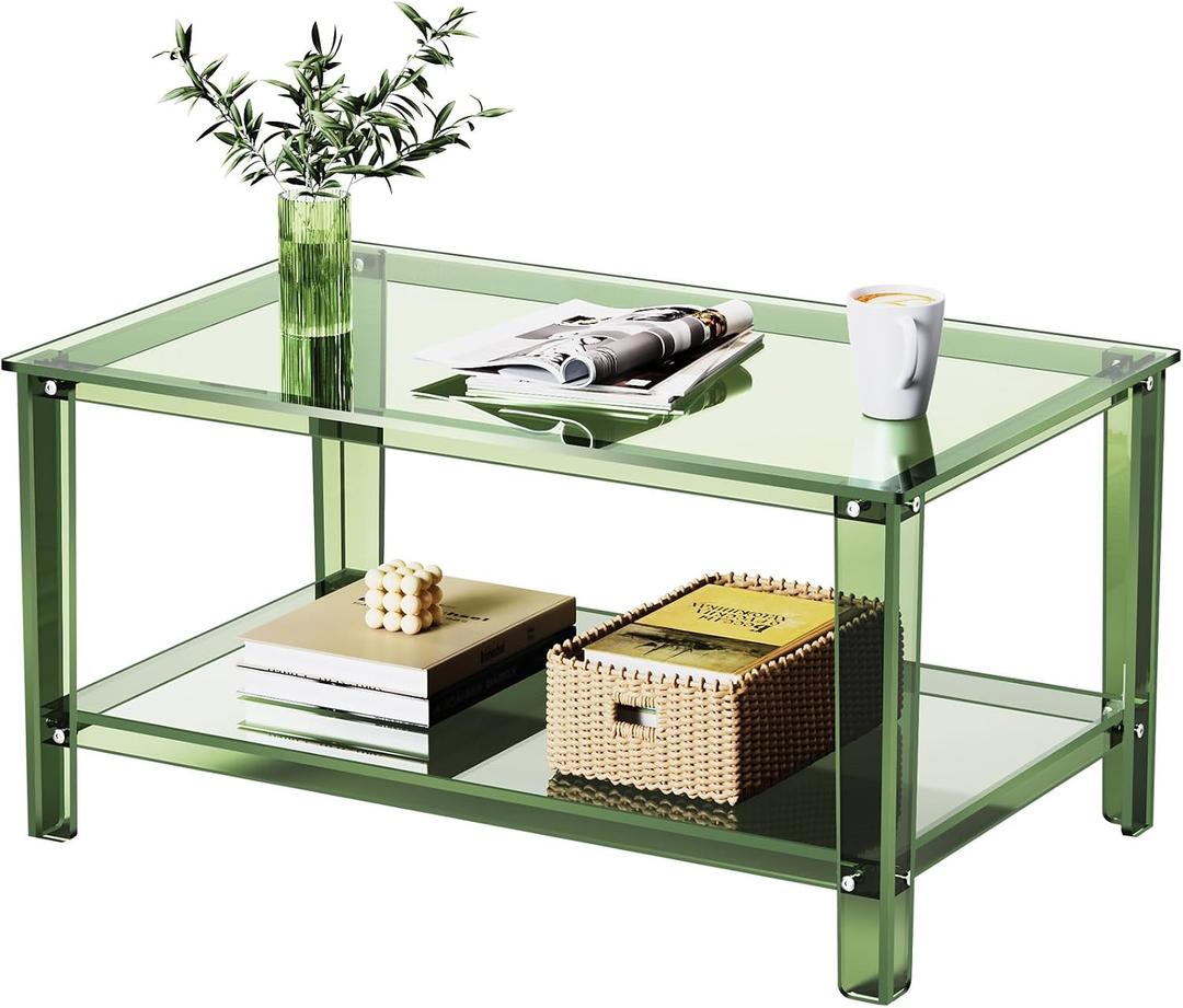 Acrylic Coffee Table with Storage Shelf,Rectangle Living Room 2-Tier Center Table for Small Spaces (Rectangle, Green, Nomal)