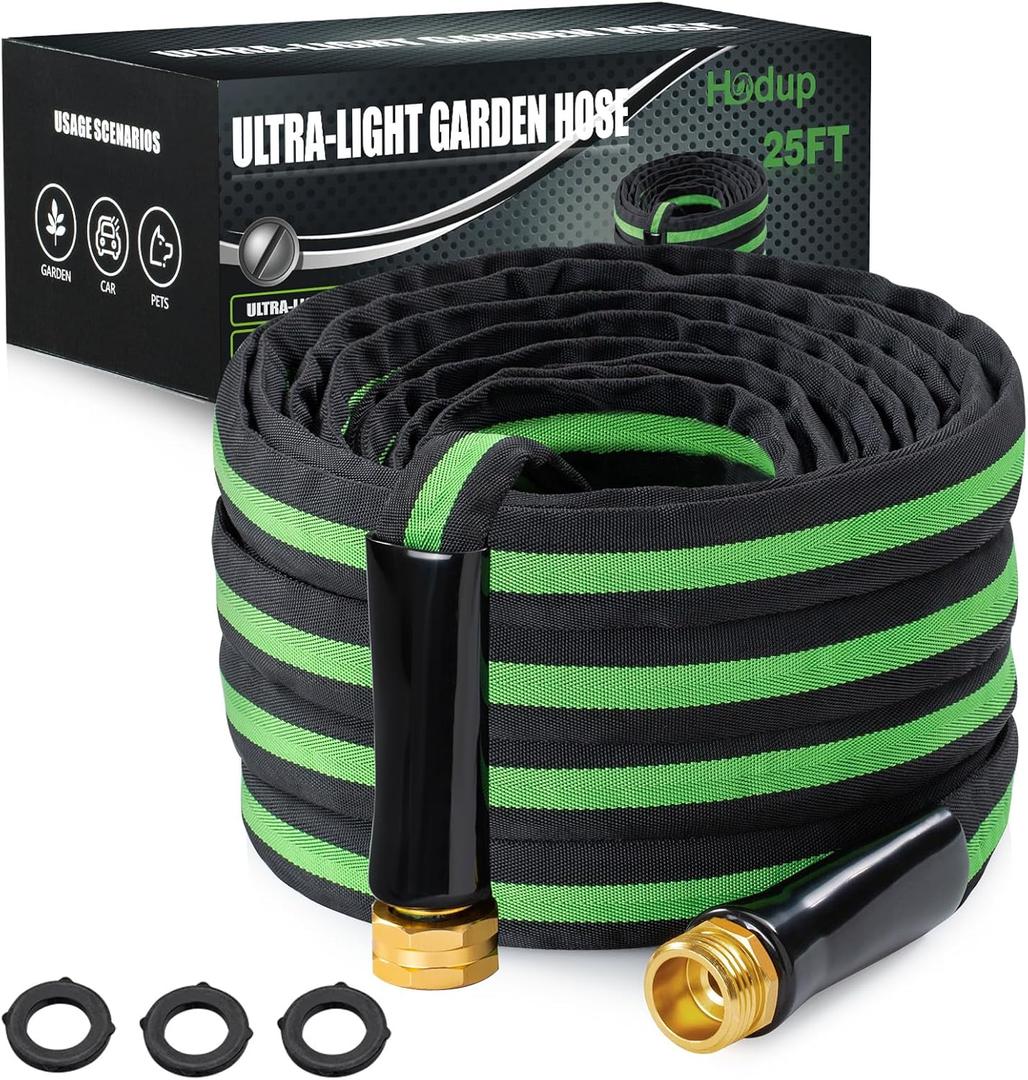 25 ft Garden Hose - Lightweight, Super Flexible, Non-Expanding, Kink-Free, Ideal for Yard Outdoor Use with Convenient Storage (Black-Green, 25 FT)
