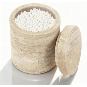 Natural Marble Canister, Cotton Swab Holder with Lid, Marble Toothbrush Holder Qtip Holder Storage for Cotton Swab, Floss Picks, Makeup Pad, Bath Salt, Beige White Travertine(NS019)