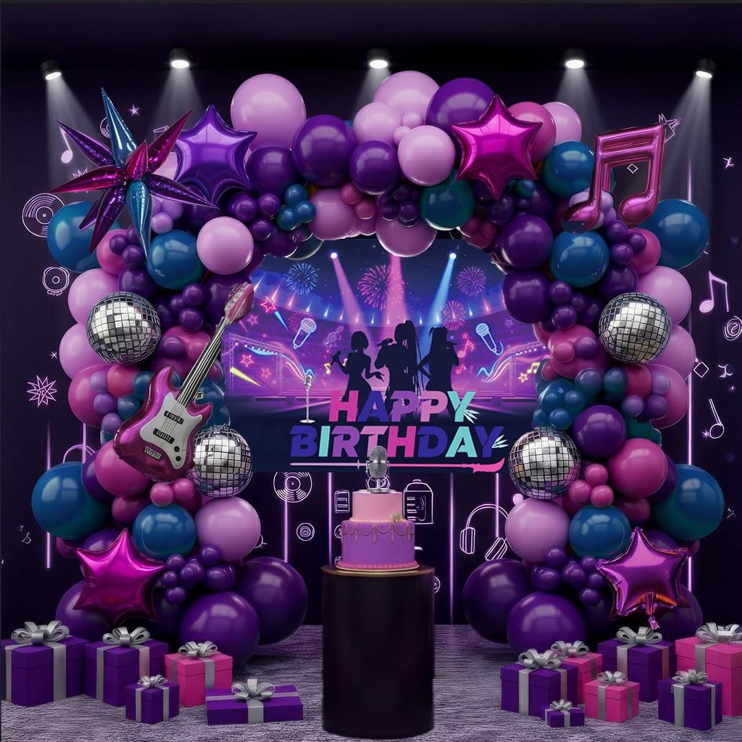 K-Pop Music themed Birthday Decorations With Pink And Purple Navy Blue Balloon Arch & Guitars Disco Notes Star Foil Balloons & Music Background For Boy Girls Fans Birthday Prom Party Decorations