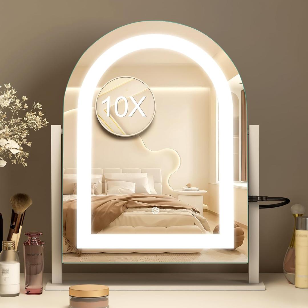 S'bagno Arch Vanity Mirror with Lights, Arched Makeup Mirror with 10X Magnifying Mirror, 3 Color Lighting Modes, Touch Control, USB Rechargeable, Tabletop Cosmetic Mirror for Bedroom, Vanity,15''x12'' (White)