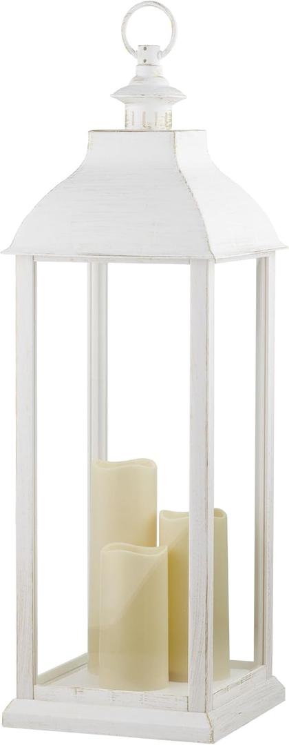 Alpine Corporation 28" Tall Indoor/Outdoor Candlelit Battery-Operated Lantern with Flickering Warm White LED Lights, Large - White