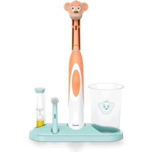 Beurer TB10 Kids Electric Toothbrush Kit - Fun Milo The Monkey Cap with 2 Extra-Soft Brush Heads to Help Remove Plaque, 2 Minute Timer, and Rinse Cup, BPA-Free, Safe for Ages 3+