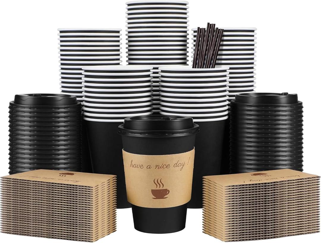 Clawsoff 100 Pack 12 oz Coffee Cups with Lids, Disposable To Go Paper Coffee Cups with Sleeves and Stirring Sticks for Hot/Cold Drinks Office Home Shop Event (Black)