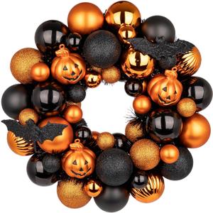 Halloween Wreath for Front Door, 13 inch Small Halloween Ball Wreath with Pumpkins Bats Shatterproof Front Door Wreaths Orange/Black Ball Ornament for Wall Mantel Porch Indoor Outdoor Decor
