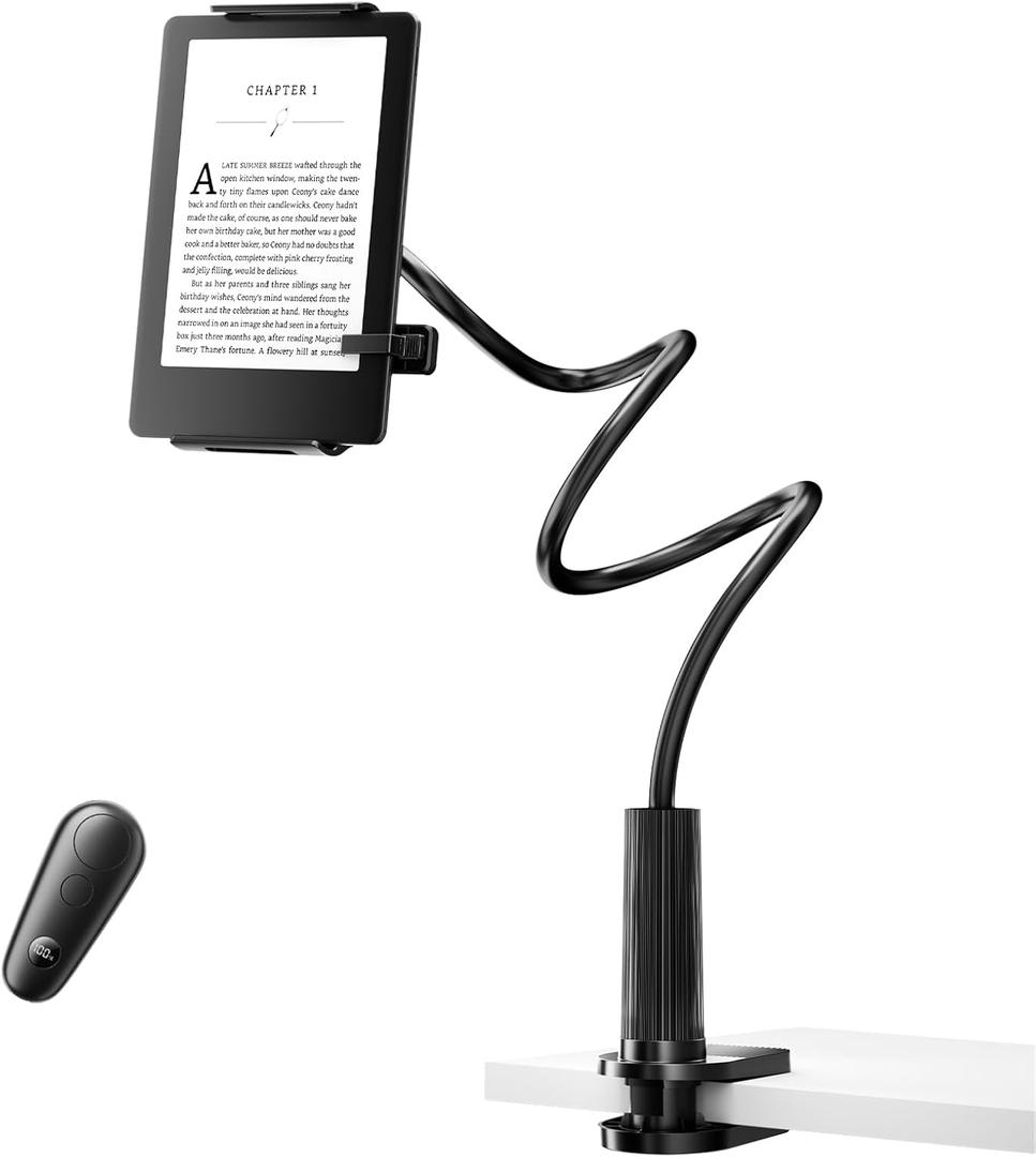 Kindle Holder with Remote Page Turner,Reading Stand for Bed, Desk with Clicker, for Kindle Paperwhite, Oasis, iPad, iPhone and More, Black Page Turner