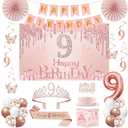 9th Birthday Decorations for Girls,32PCS 9 year old Birthday Party Decorations,Including Backdrop, Crown, Sash, banner, Hanging Swirl,Cake Topper,Paper Fans,balloons and Anniversary Card