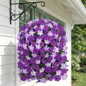HyeFlora Artificial Flowers with Basket for Outdoors, 3pcs Faux Hanging Morning Glory Silk Fake Flowers Lifelike Plants UV Resistant Flowers for Outside Planter Patio Garden Porch Decor (Purple)