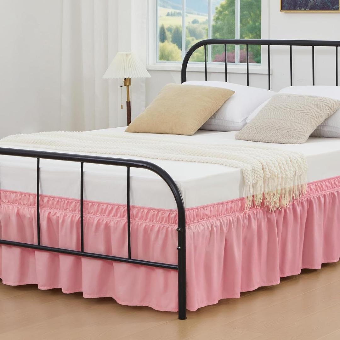 Vocander Dust Pink Split Corner Bed Skirt for King Beds 14 Inch Drop, Adjustable Elastic Dust Ruffles for Metal Frame, Adjustable Tailored Bedskirts Fade & Wrinkle Resistant