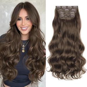 KooKaStyle Clip In Hair Extensions, Natural Long Layered Soft Invisible Synthetic Curly Wavy Hairpieces for Women, 4 pcs (20 Inch, Chocolate Brown)