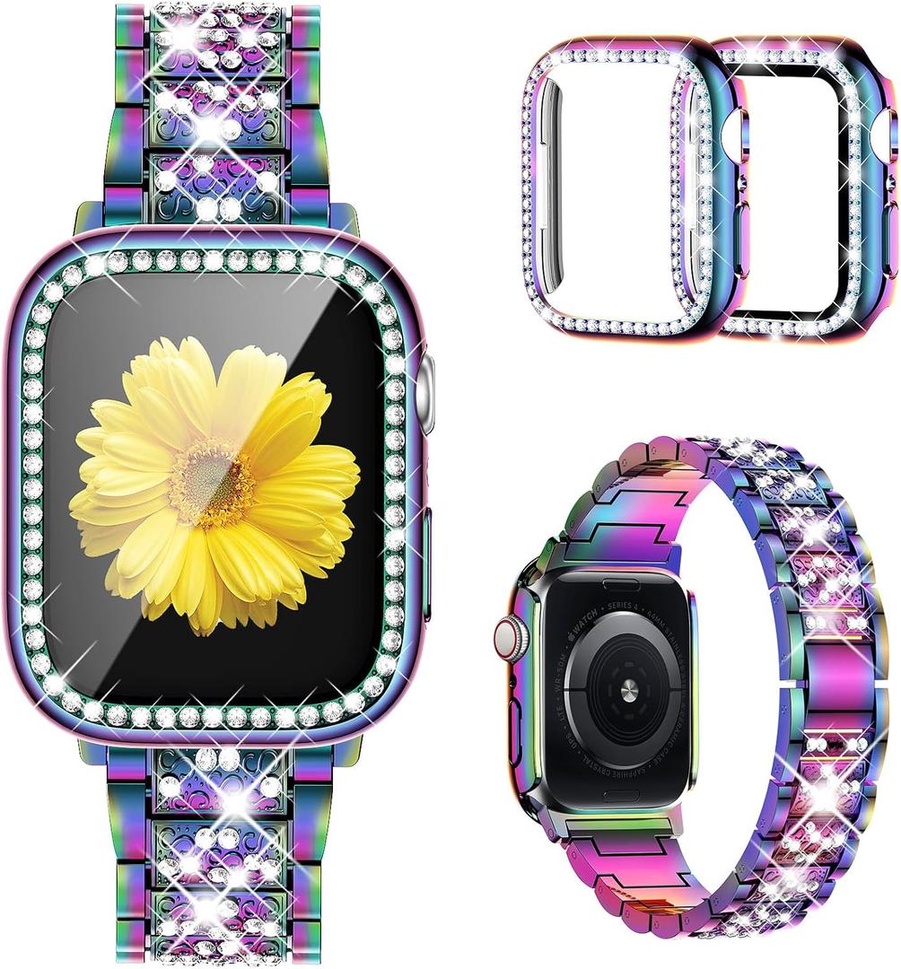 Mesime Compatible for Apple Watch Band with Screen Protector Case, Jewelry Replacement Bands 46mm 45mm 44mm 42mm 41mm 40 mm 38mm 2 Pack Protective Cover for iWatch Series 11/10/9/8/7/6/5/4/3/2/1/SE Women (Colorful)