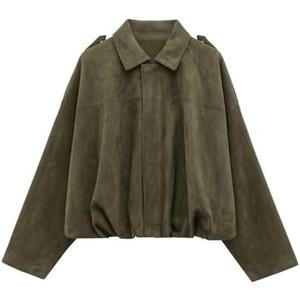 WOWULOVELY Women's Faux Suede Bomber Jacket Lapel Pilot Pocket Coat Casual Oversized Long Dolman Sleeves Trendy Streetwear Small