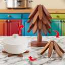 Natural Tree Trivet Set - 4 Wooden Hot Pot Holders, Heat Resistant Countertop Protectors for Christmas & Thanksgiving, Auto Unfold Space-Saving Design