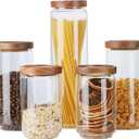 Glass Storage Jars with Wood Lid [Set of 5], Airtight Food Containers Stackable for Coffee Beans| Nuts| Pasta (25oz*2+34oz*2+54oz)