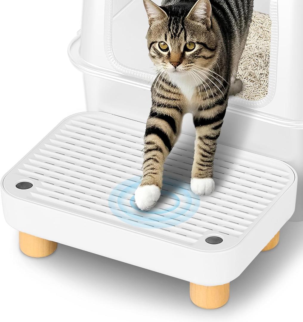 Litter Box Step, Litter Box Ramp/Catcher with Wooden Base, Anti-Tracking & Easy to Clean, Ideal for Small & Elderly Cats (White)