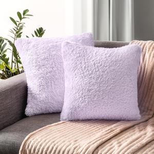 PAVILIA Fluffy Lavender Throw Pillow Covers, Decorative Accent Pillow Cases for Bed Sofa Couch, Soft Faux Fur Cushion Cover, Square Sherpa Pillowcases, Home Room Decor, Purple, 20x20 Set of 2