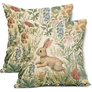 Spring Pillow Covers 16x16 Inch Set of 2 Rabbit Bunny Floral Flower Green Leaves Vintage Botanical Plants Easter Themed Cotton Linen Decorative Throw Pillow Case for Bedroom Sofa Living Room Chair