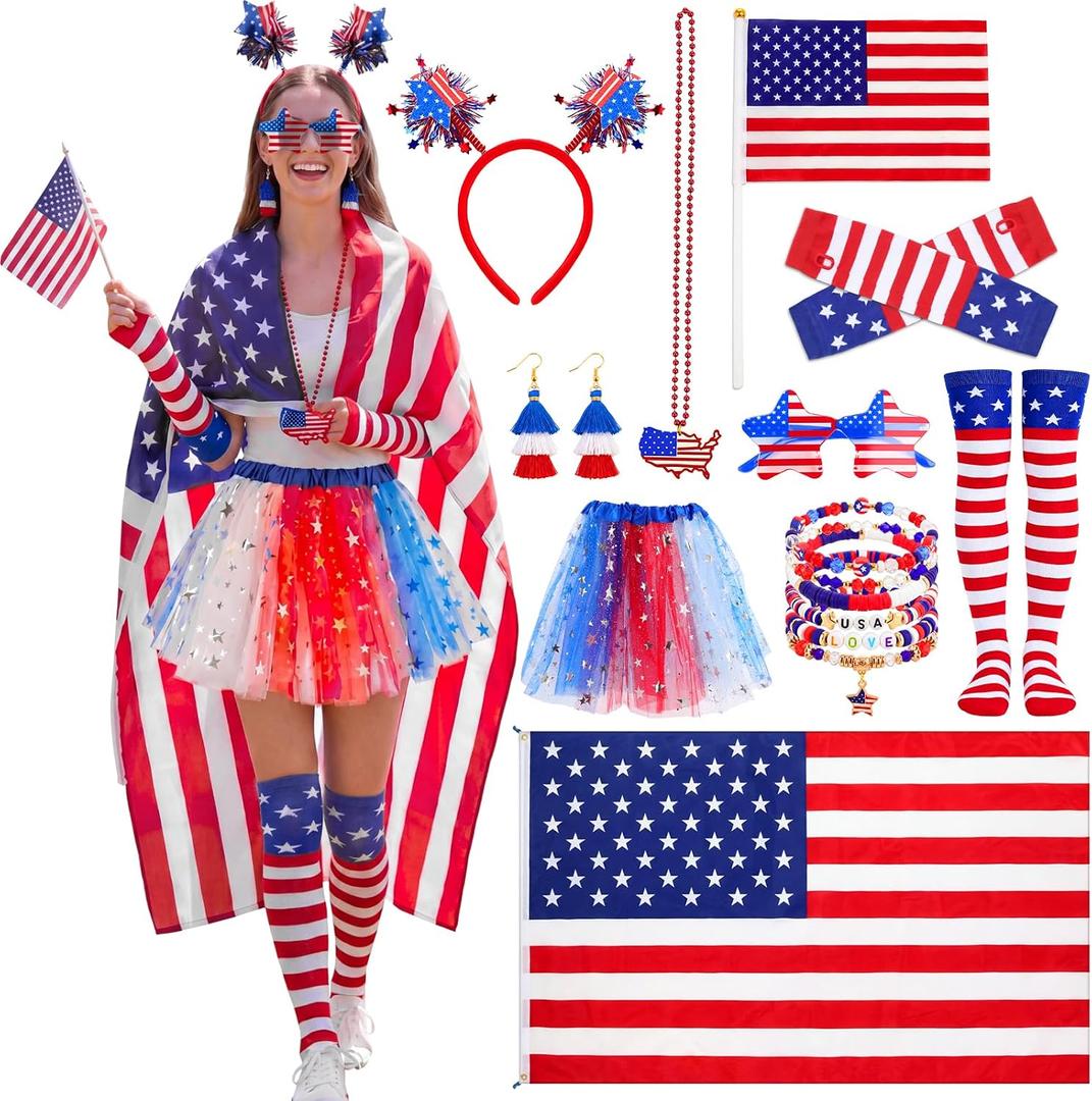 Unittype 10 Pcs 4th of July Outfit for Women 4th of July Tutu Costume Set American Flags Costume with Tutu Skirt Headband Arm Sleeves Socks Flag Shawl Bracelets Sunglasses Earrings Necklace Hand Flag