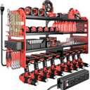 Large Power Tool Organizer Wall Mount with Charging Station, 4 Layer Heavy Duty Metal Cordless Tool Organizer, Tool Storage Rack with 8 Cordless Drill Holder Screwdriver Hammer(Red)