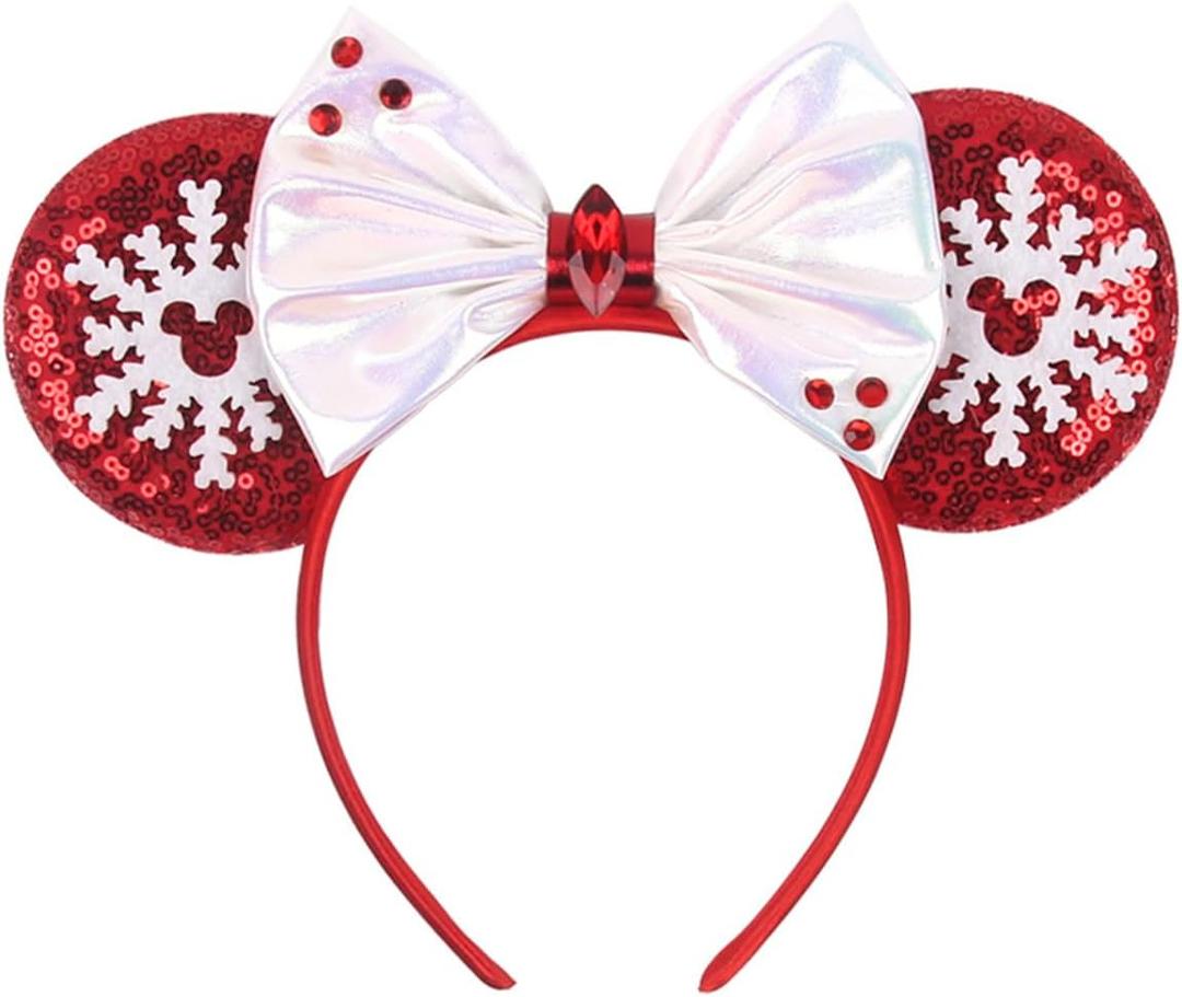 Christmas Mouse Ears Headband Peppermint Snowflakes Hairband Sequin Bow Hair Hoop Headpiece for Party Favors