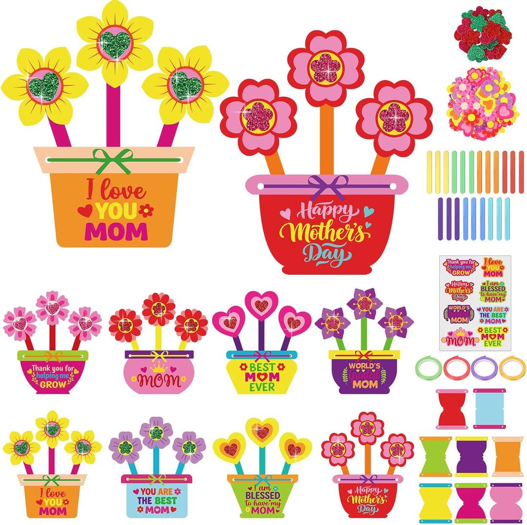 Frienda 48 Set Mother's Day Crafts Kit for Kids Happy Mother's Day Flower Pot Mom Make Your Own Flowers Pot Craft DIY Floral Paper for Classroom Activities Mothers Gifts Spring Party Favors