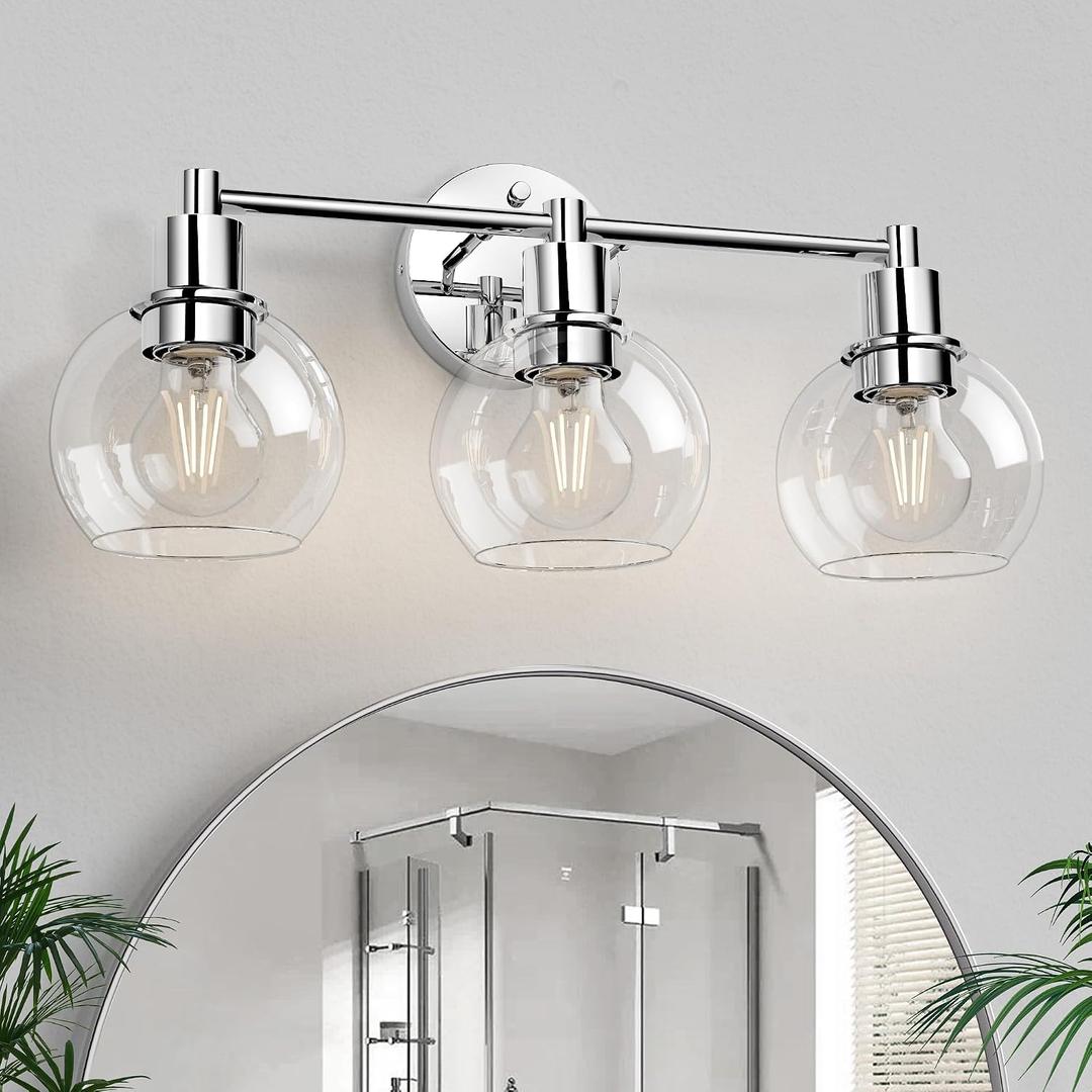 3 Lights Bathroom Vanity Light Fixtures Chrome, Bathroom Lights Over Mirror, Industrial and Farmhouse 3 Light Wall Sconce, Polished Chrome Globe Vanity Lighting Fixtures