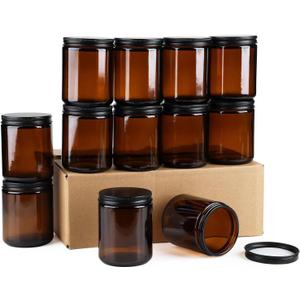 Goiio 6 Pack Amber Glass Jars, 8 Oz Thick Amber Round Glass Jars, with Black Metal Lids, for Spice, Liquid, Sample, Leakproof and Dishwasher Safe