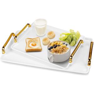 Serving Tray with Handles, 2 Pack (16inches & 12inches) White Plastic Serving Trays for Breakfast, Decorative Trays with Gold Handles for Coffee Table & Living Room