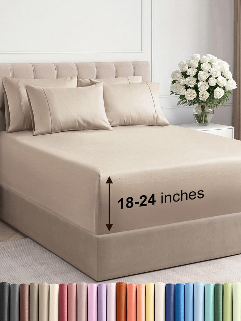 Extra Deep Cal King Sheet Set - 6 Piece Breathable & Cooling Sheets - Hotel Luxury Bed Sheets Set - Easy & Secure Fit - Soft, Wrinkle Free & Comfy Sheets Set - Wheat Sheet Set with Extra Deep Pockets